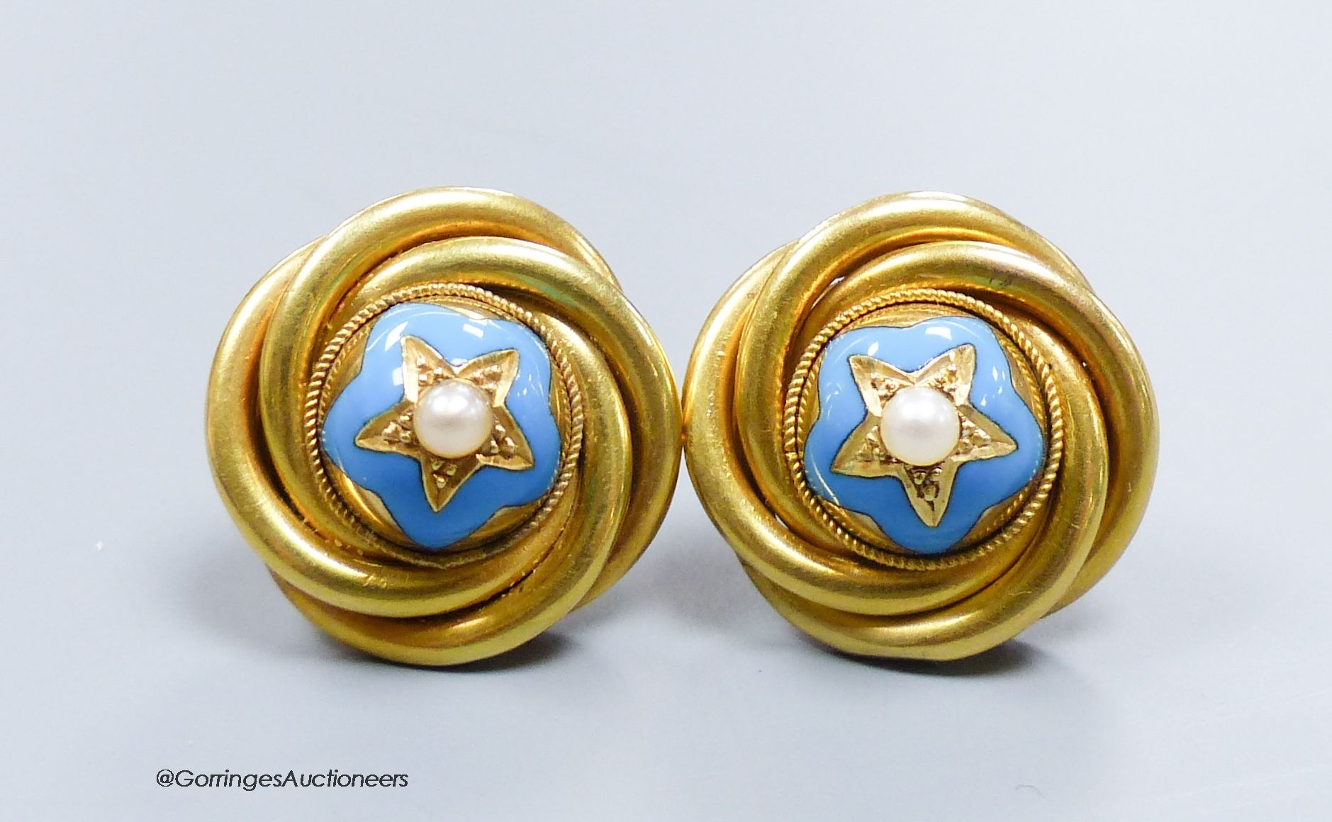 A pair of Victorian earrings, test as 15ct, set with pearls and turquoise enamel, base metal backed, gross 11.2g.